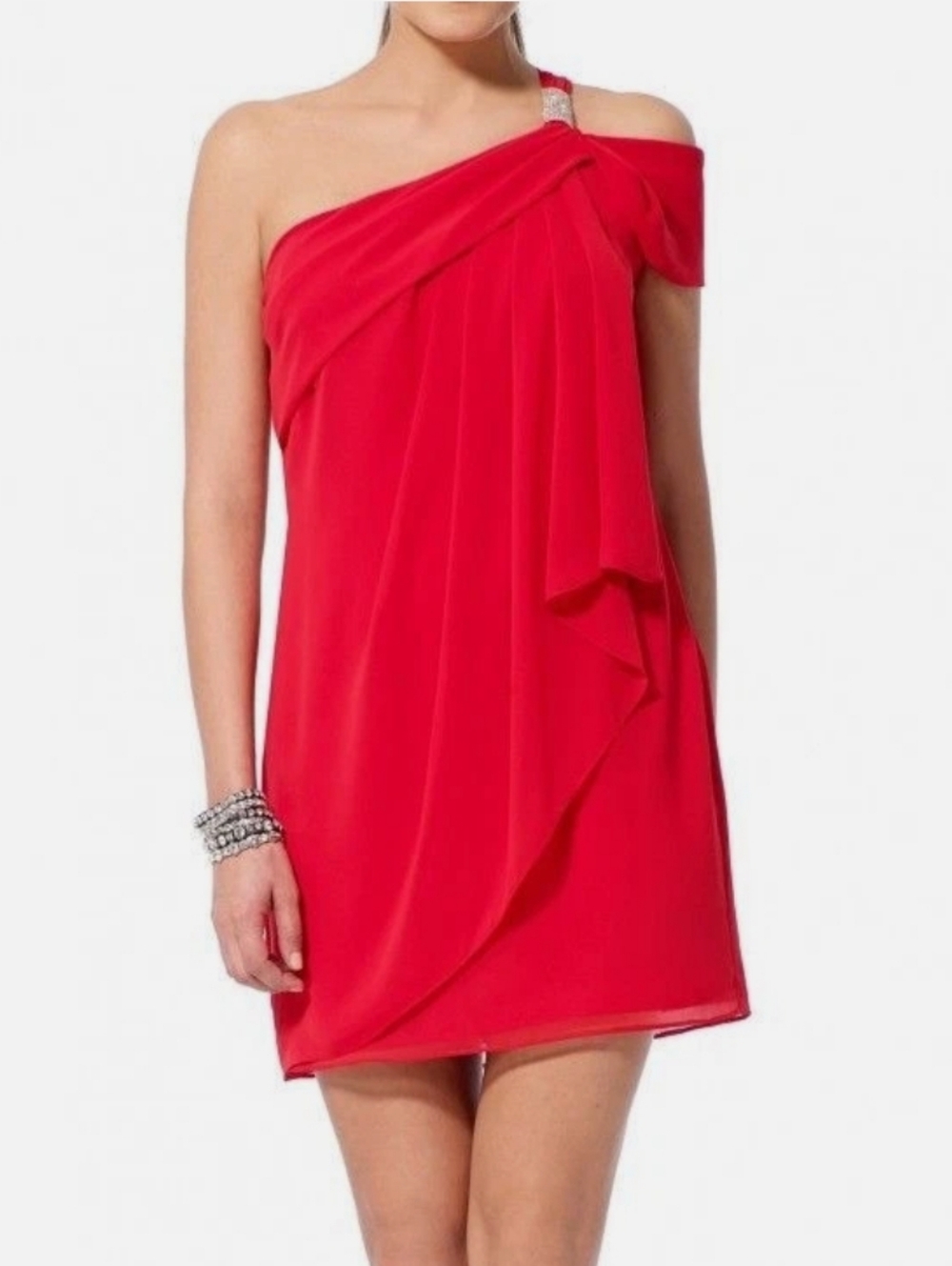 CACHE Sexy Red One Shoulder Chiffon Cocktail Dress, size 4